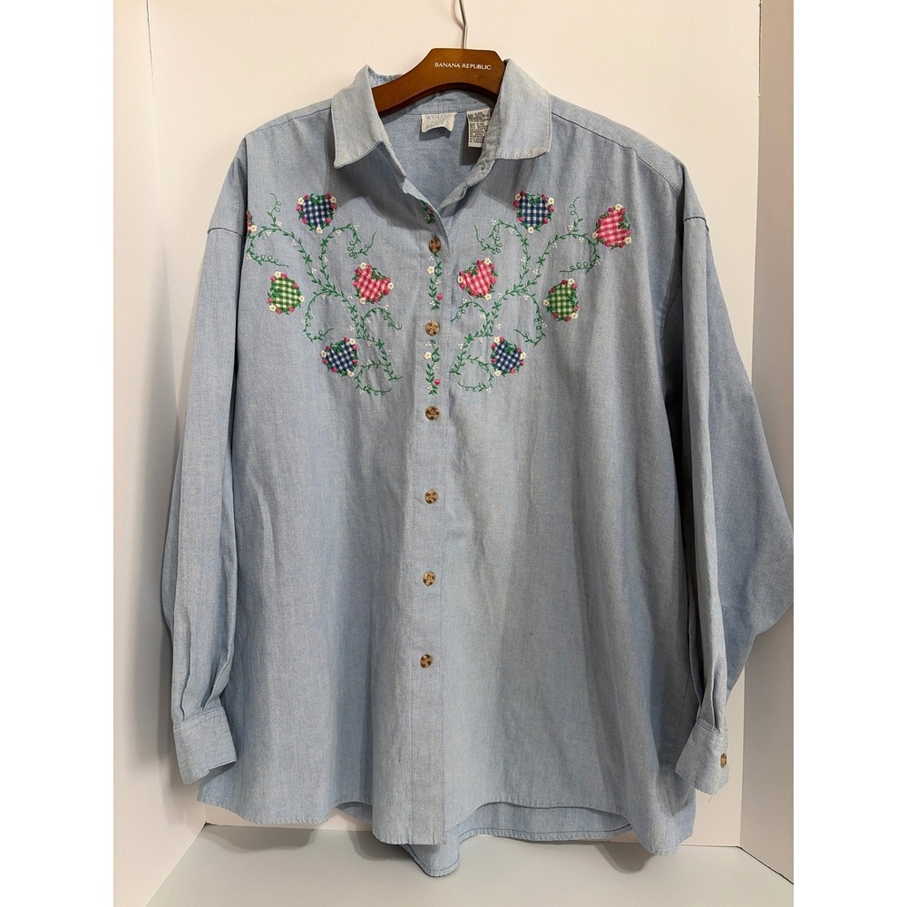 Mystic Blues Vintage Embroidered Chambray Shirt Blue Gingham Hearts Plus 24W